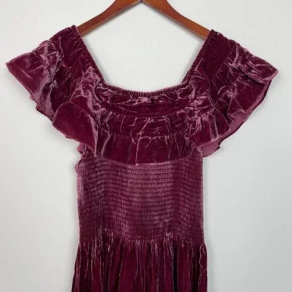 Hill House The Akilah Nap Velvet Silk Midi Ruffle Holiday Dress Burgundy S - Picture 4 of 8